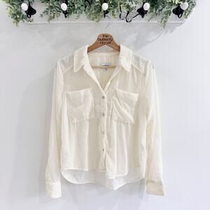 Evereve Velvet Button Down Collared Shirt Cream Size XS LL4618